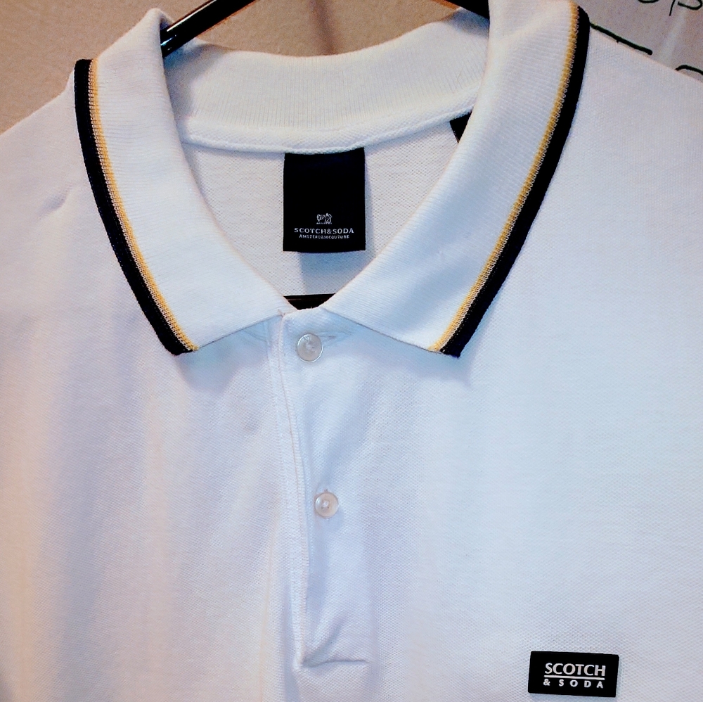 SCOTCH & SODA white ss short sleeve polo shirt with contrast collar
